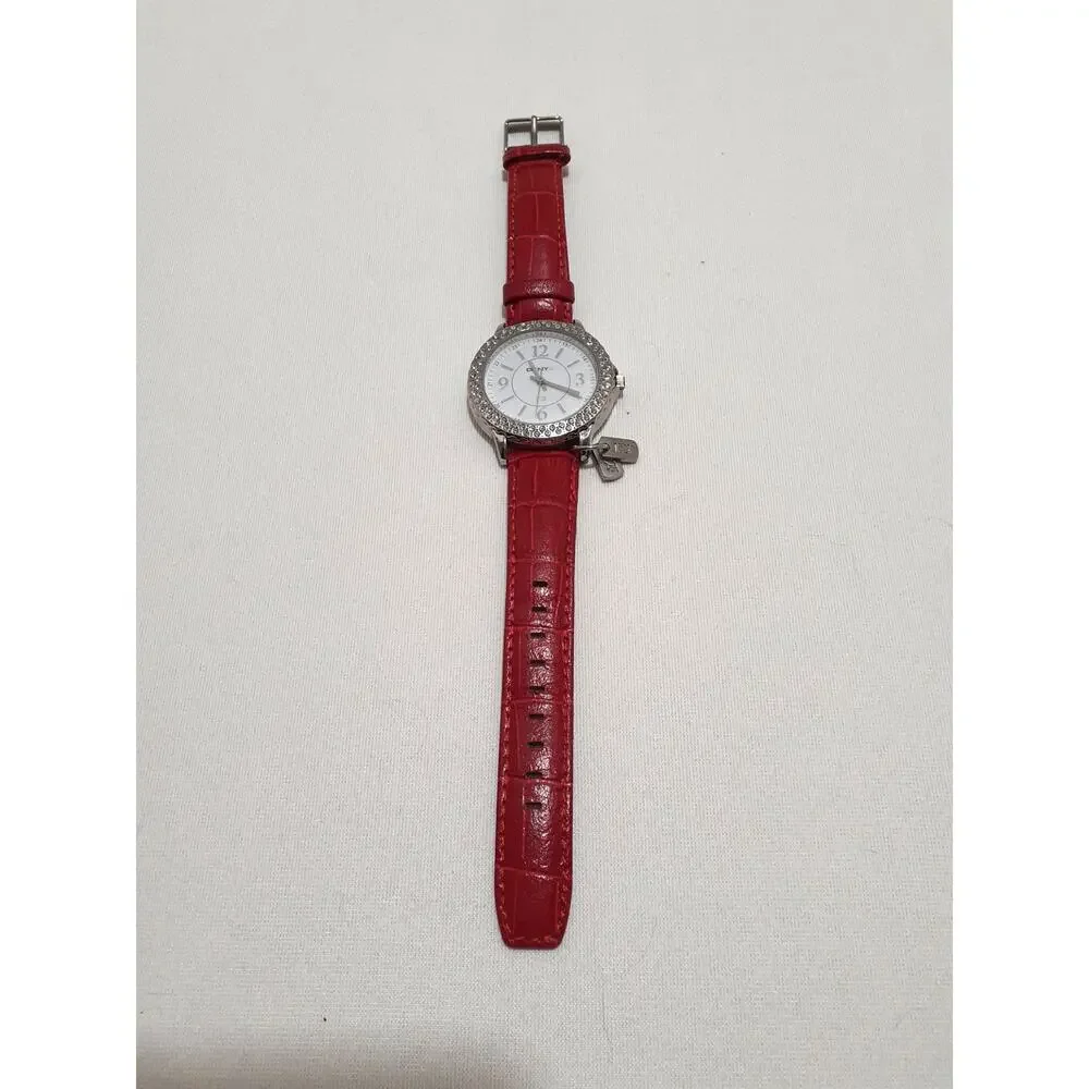 DKNY F2F Ladies Wristwatch Rhinestone Bezel Red Leather Band